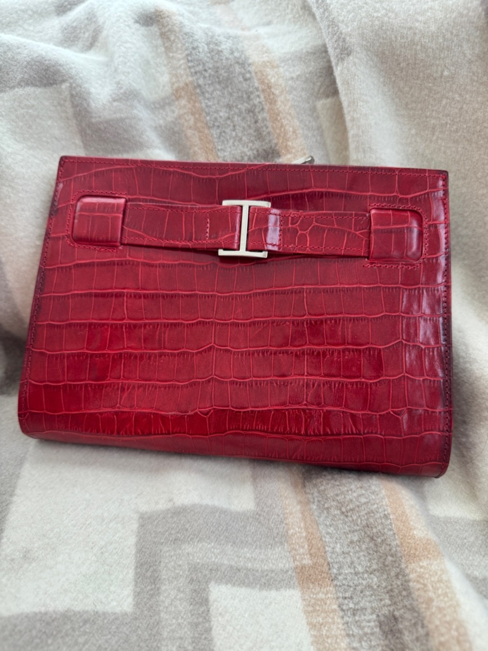 Abas Vintage Croc-Embossed Leather Clutch with Silver-Tone Hardware